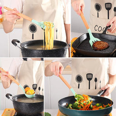 12-Piece Wooden Handle Silicone Kitchen Utensils Set and Handy Storage Bucket