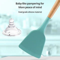 12-Piece Wooden Handle Silicone Kitchen Utensils Set and Handy Storage Bucket