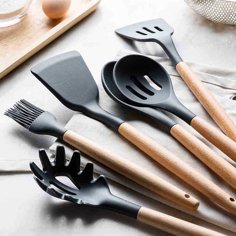 12-Piece Wooden Handle Silicone Kitchen Utensils Set and Handy Storage Bucket