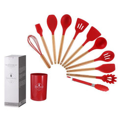 12-Piece Wooden Handle Silicone Kitchen Utensils Set and Handy Storage Bucket