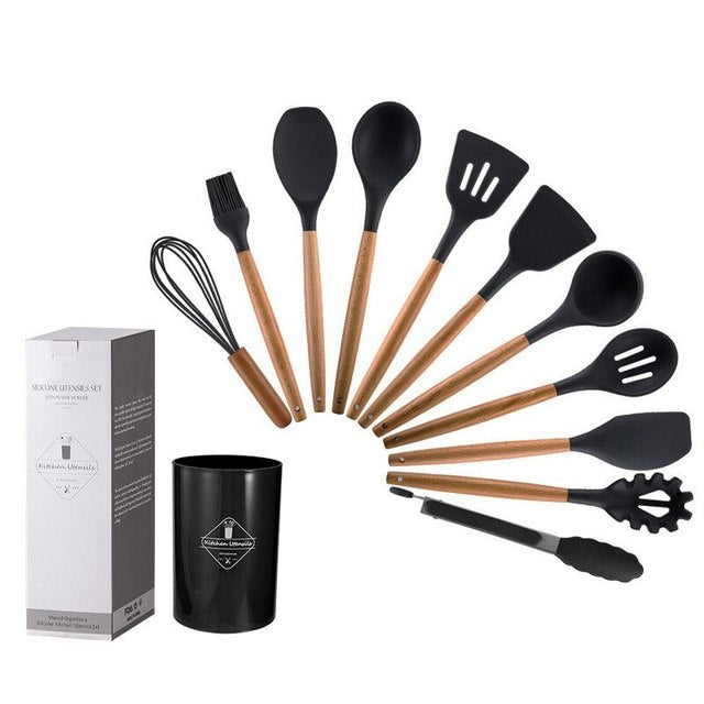 12-Piece Wooden Handle Silicone Kitchen Utensils Set and Handy Storage Bucket