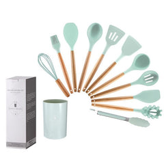 12-Piece Wooden Handle Silicone Kitchen Utensils Set and Handy Storage Bucket