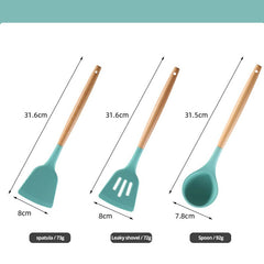 12-Piece Wooden Handle Silicone Kitchen Utensils Set and Handy Storage Bucket