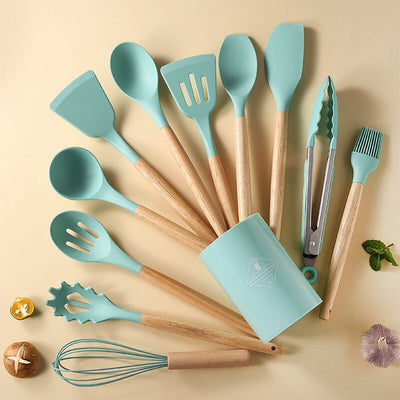12-Piece Wooden Handle Silicone Kitchen Utensils Set and Handy Storage Bucket