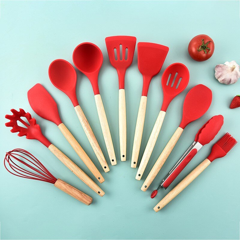 12-Piece Wooden Handle Silicone Kitchen Utensils Set and Handy Storage Bucket